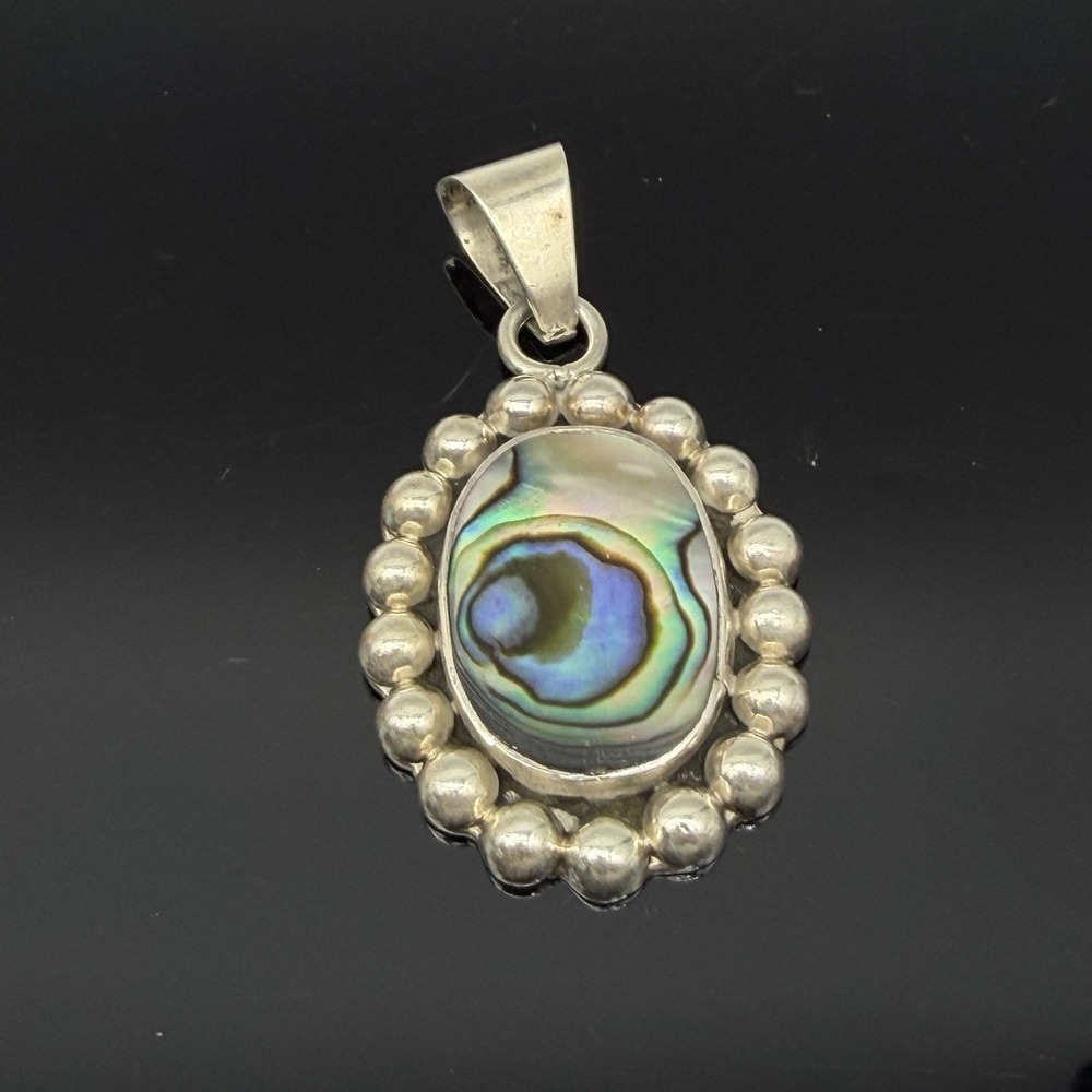 Vintage Sterling Silver Oval Abalone Bezel Pendant 2.25"